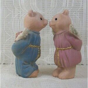 Angel Bear Figurines, Handmade Ceramic Kissing Statues, Bear Decor Nursery